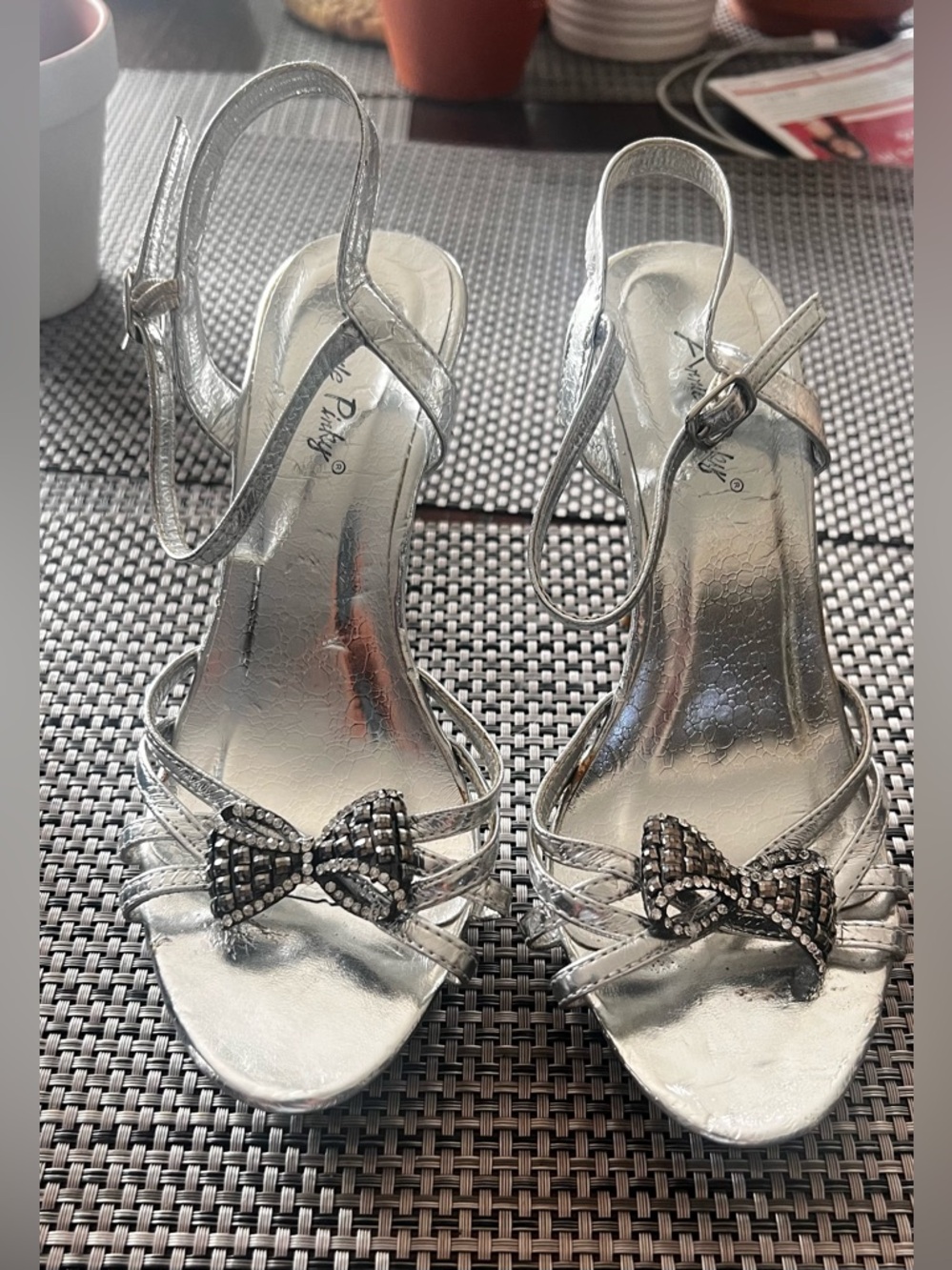 Women's Silver Slingback Heels with Crystal Bow Accent